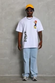 Unisex Oversize Baskılı Bisiklet Yaka T-Shirt - Beyaz - 1