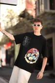 Erkek Mario Baskılı Oversize T-Shirt - Siyah thumbnail 2