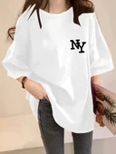 Kadın Eğlenceli Harf NY Baskılı Bisiklet Yaka Tişört - Rahat Polyester, Makinede Yıkanabilir - Yaz ve Fitness için Mükem thumbnail 2