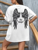 20/1 Penye Compack Dark Angel Baskılı Oversize Kısa Kol Yazlık T-shirt- Beyaz thumbnail 1