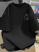 [Günlük T-Shirt] Hafif Kadın Günlük T-Shirt | Bol Kesim, Kısa Kollu, Yuvarlak Yaka, Eğlenceli Karikatür Ayı ve "Umrumda thumbnail 1