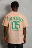 Unisex Oversize Baskılı Bisiklet Yaka T-Shirt - Bej - 5