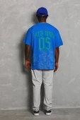 Unisex Oversize Baskılı Bisiklet Yaka T-Shirt - Mavi - 4