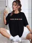 Kadın Bisiklet Yaka Baskılı T-shirt - Siyah thumbnail 3