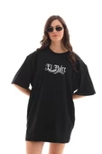 Unisex Bisiklet Yaka Baskılı Oversize T-Shirt - Siyah thumbnail 6