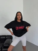 Unisex Bisiklet Yaka Baskılı Oversize T-Shirt - Siyah thumbnail 3