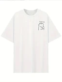 [Günlük T-Shirt] Hafif Kadın Günlük T-Shirt | Bol Kesim, Kısa Kollu, Yuvarlak Yaka, Eğlenceli Karikatür Ayı ve "Umrumda - 3