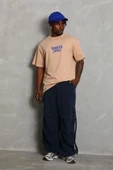 Unisex Oversize Baskılı Bisiklet Yaka T-Shirt - Bej - 2