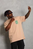 Unisex Oversize Baskılı Bisiklet Yaka T-Shirt - Bej - 4