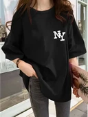 Kadın Eğlenceli Harf NY Baskılı Bisiklet Yaka Tişört - Rahat Polyester, Makinede Yıkanabilir - Yaz ve Fitness için Mükem thumbnail 3