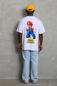 Unisex Oversize Baskılı Bisiklet Yaka T-Shirt - Beyaz - 2