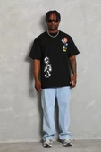 Unisex Oversize Baskılı Bisiklet Yaka T-Shirt - Siyah - 1