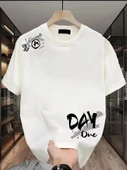 Day One Baskılı Oversize Bisiklet Yaka T-shirt - Beyaz - 1