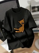 20/1 Penye Compack Ayı Baskılı Oversize Bisiklet Yaka Kısa Kol T-shirt - Siyah - 1