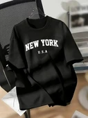 20/1 Penye Compack New York Baskılı Oversize Kısa Kol Bisiklet Yaka T-shirt - Siyah thumbnail 1