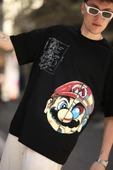 Erkek Mario Baskılı Oversize T-Shirt - Siyah thumbnail 3