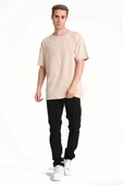 Erkek 24/1 Düz A Kalite Oversize T-shirt - Bej thumbnail 1