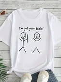 Kadın Beyaz "I've Got Your Back" Grafik Tişört - Eğlenceli Çubuk Tasarımlı Oversize Günlük Kısa Kollu Tişört, Polyester - 1