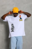 Unisex Oversize Baskılı Bisiklet Yaka T-Shirt - Beyaz - 4