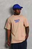Unisex Oversize Baskılı Bisiklet Yaka T-Shirt - Bej - 5