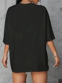 Brooklyn Harf Baskılı Düşük Omuzlu T-shirt, Rahat Kısa Kollu Bol T-shirt, Kadın Giyim - Siyah thumbnail 5