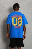 Unisex Oversize Baskılı Bisiklet Yaka T-Shirt - Mavi - 3