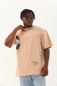 Unisex Oversize Baskılı Bisiklet Yaka T-Shirt - Bej thumbnail 2