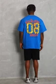 Unisex Oversize Baskılı Bisiklet Yaka T-Shirt - Mavi - 2