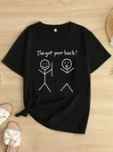 Kadın Beyaz "I've Got Your Back" Grafik Tişört - Eğlenceli Çubuk Tasarımlı Oversize Günlük Kısa Kollu Tişört, Polyester thumbnail 1