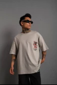 Erkek Sırt Baskılı A Kalite Oversize T-shirt - Gri - 3