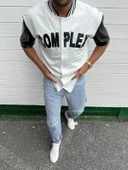 Erkek Complex Kolları Deri Kolej Oversize T-Shirt - Beyaz thumbnail 2