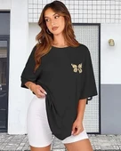 Kadın Bisiklet Yaka Baskılı T-shirt - Siyah - 2