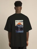 Unisex Bisiklet Yaka Baskılı Oversize T-Shirt - Siyah thumbnail 4