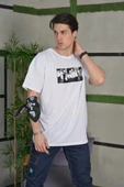 Unisex Bisiklet Yaka Baskılı Oversize T-Shirt - Beyaz thumbnail 2