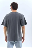 Unisex Oversize Taşlı Bisiklet Yaka T-Shirt - Füme - 2