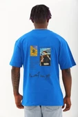 Unisex Oversize Baskılı Bisiklet Yaka T-Shirt - Mavi - 5