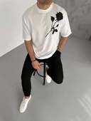 Unisex Bisiklet Yaka Baskılı Oversize T-Shirt - Beyaz thumbnail 2