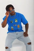 Unisex Oversize Baskılı Bisiklet Yaka T-Shirt - Mavi - 3