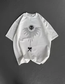 Unisex Bisiklet Yaka Baskılı Oversize T-Shirt - Beyaz thumbnail 3