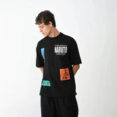 Unisex Bisiklet Yaka Baskılı Oversize T-Shirt - Siyah thumbnail 3