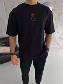 Unisex Bisiklet Yaka Baskılı Oversize T-Shirt - Siyah thumbnail 1