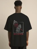 Unisex Bisiklet Yaka Oversize Baskılı T-Shirt - Siyah thumbnail 2