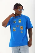 Unisex Oversize Baskılı Bisiklet Yaka T-Shirt - Mavi - 1