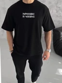 Unisex Bisiklet Yaka Baskılı Oversize T-Shirt - Siyah - 1