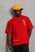 Unisex Oversize Baskılı Bisiklet Yaka T-Shirt - Kırmızı thumbnail 1