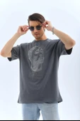 Unisex Oversize Taşlı Bisiklet Yaka T-Shirt - Füme - 1