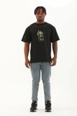 Unisex Oversize Baskılı Bisiklet Yaka T-Shirt - Siyah - 4