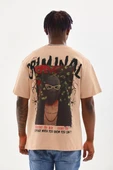 Unisex Baskılı Oversize T-Shirt - Bej thumbnail 2