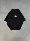 Unisex Bisiklet Yaka Baskılı Oversize T-Shirt - Siyah thumbnail 3