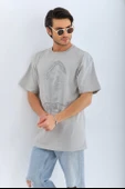 Unisex Oversize Taşlı Bisiklet Yaka T-Shirt - Gri thumbnail 6